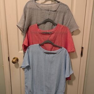 Women's Linen Short-Sleeve Textured Tops - Pink, Light Blue, Gray